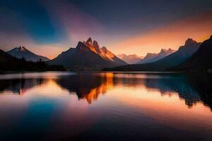 il montagne siamo riflessa nel il acqua a tramonto. ai-generato foto