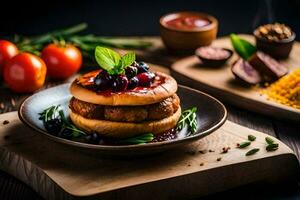 un' piatto con un' hamburger e verdure. ai-generato foto