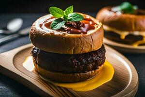 Due hamburger su un' di legno piatto con salsa. ai-generato foto