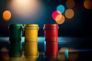 tre colorato benne su un' tavolo con bokeh luci. ai-generato foto