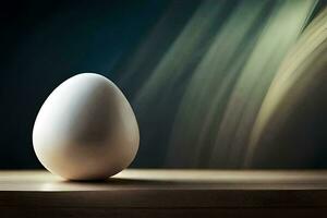 un uovo seduta su un' tavolo con un' sfocato sfondo. ai-generato foto