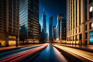 un' città strada a notte con luci e traffico. ai-generato foto