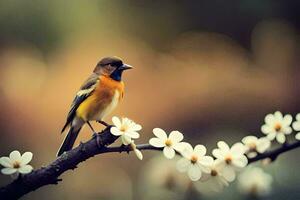 un' uccello si siede su un' ramo con bianca fiori. ai-generato foto