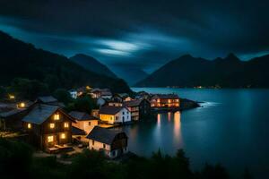 un' piccolo villaggio nel il montagne a notte. ai-generato foto