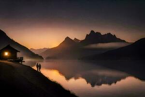 un' coppia sta su il riva di un' lago a tramonto. ai-generato foto