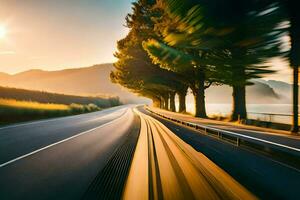 un' auto guida giù un' strada con alberi nel il sfondo. ai-generato foto