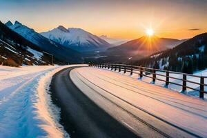 un' strada nel il montagne con neve e sole. ai-generato foto