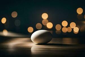 un uovo su un' tavolo nel davanti di un' sfocato sfondo. ai-generato foto