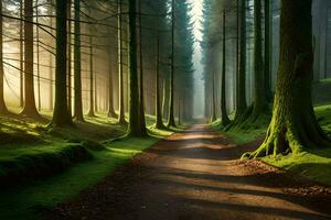 un' sporco strada nel il mezzo di un' foresta. ai-generato foto