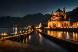 il moschea a notte nel lahore, India. ai-generato foto