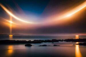 un' lungo esposizione fotografia di un' leggero fascio al di sopra di il oceano. ai-generato foto