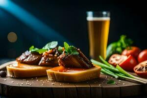 cibo su un' di legno tavola con birra e pomodori. ai-generato foto