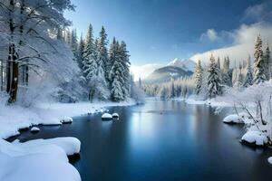 un' nevoso fiume nel il montagne. ai-generato foto