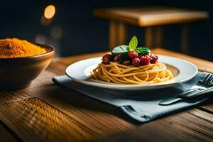 spaghetti con frutti di bosco e spezie su un' piatto. ai-generato foto