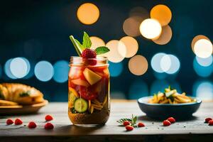 un' bicchiere vaso con frutta e verdure su un' tavolo. ai-generato foto