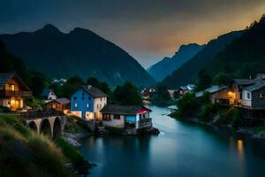 foto sfondo il cielo, montagne, fiume, case, il notte, il montagne, il fiume. ai-generato