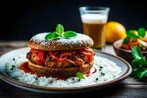 un' hamburger con riso e verdure su un' piatto. ai-generato foto