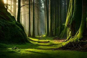 un' sentiero attraverso un' foresta con alberi e muschio. ai-generato foto