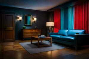 un' vivente camera con blu pelle mobilia e rosso tende. ai-generato foto