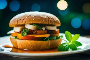 un' Hamburger con formaggio e pomodoro su un' bianca piatto. ai-generato foto