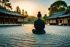 un' donna Meditare nel davanti di un' zen giardino. ai-generato foto