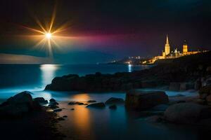 il Luna brilla brillantemente al di sopra di il oceano e un' Chiesa. ai-generato foto