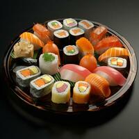 un' piatto di Sushi su un' nero sfondo ai generativo foto