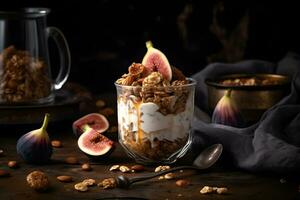 Yogurt muesli parfait con affettato noccioline e fresco fichi frutta nel un' bicchiere vaso su buio sfondo. generativo ai. foto