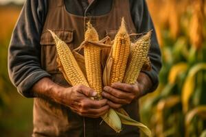 vicino su di contadino maschio mani Tenere Mais nel il pannocchia. biologico cibo, raccolta e agricoltura concetto. generato ai. foto