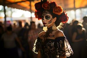 bellissimo avvicinamento ritratto di giovane donna nel tradizionale Calavera catrina attrezzatura e trucco per il giorno di il morto a il nazionale messicano Festival. ai generato foto