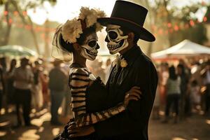 bellissimo avvicinamento ritratto di giovane coppia nel tradizionale Calavera catrina attrezzatura e trucco per il giorno di il morto, danza a il nazionale messicano Festival. foto