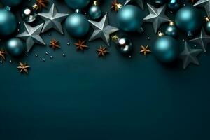 Natale piatto posare modello con Marina Militare blu palle, stelle e stella anice Spezia decorazione su buio sfondo con copia spazio. superiore Visualizza di inverno vacanza concetto composizione. foto