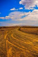 un' sporco strada nel il mezzo di un' deserto con blu cieli foto