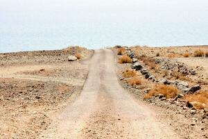 un' sporco strada conduce per il oceano nel il mezzo di un' deserto foto