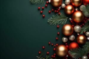 Natale piatto posare modello con pino albero rami, rosso e oro palle decorazione su buio sfondo con copia spazio. superiore Visualizza di inverno vacanza concetto composizione. foto