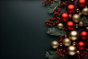 Natale piatto posare modello con abete albero rami, rosso e oro palle decorazione su buio sfondo con copia spazio. superiore Visualizza di inverno vacanza concetto composizione. foto