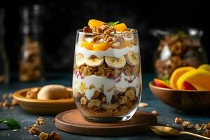 Yogurt muesli parfait con affettato noccioline, fresco Mango e Banana frutta nel un' bicchiere vaso su buio sfondo. generativo ai. foto