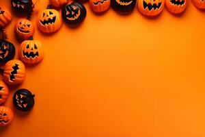 contento Halloween piatto posare modello con zucche su arancia sfondo. autunno vacanza concetto composizione. superiore Visualizza con copia spazio. generato ai. foto