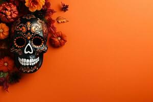 contento Halloween piatto posare modello con autunno fiori, le foglie e cranio su arancia sfondo. autunno vacanza concetto composizione. superiore Visualizza con copia spazio. generato ai. foto