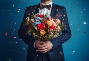 uomo nel un' completo da uomo Tenere un' mazzo di fiori con festivo orpello e coriandoli su un' buio blu sfondo. generato ai. foto