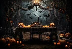 decorato nero Halloween tavolo con zucche, lanterna, candele, spaventoso decorazione e buio mistico foresta sfondo. generato ai. foto