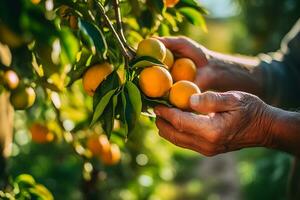 vicino su di contadino maschio mani raccolta arancia o mandarino frutta. biologico cibo, raccolta e agricoltura concetto. generato ai. foto