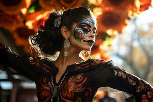 bellissimo avvicinamento ritratto di giovane donna nel tradizionale Calavera catrina attrezzatura e trucco per il giorno di il morto, danza a il nazionale messicano Festival. ai generato foto