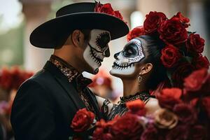 bellissimo avvicinamento ritratto di giovane coppia nel tradizionale Calavera catrina attrezzatura e trucco per il giorno di il morto, danza a il nazionale messicano Festival. ai generato foto