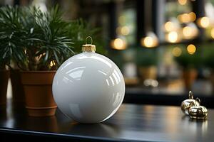 Natale bianca lucido il giro fronzolo ornamento su buio tavolo con Natale decorazione e sfocato bokeh luci sfondo. ai generato foto
