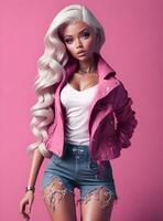 Barbie Bambola carino biondo ragazza rosa attrezzatura rosa sfondo ai generativo foto