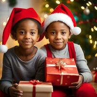 contento ragazzo con un' Natale regalo scatole con un' decorato Natale albero nel un' camera - generato Immagine foto