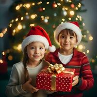 contento ragazzo con un' Natale regalo scatole con un' decorato Natale albero nel un' camera - generato Immagine foto