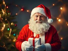 Santa Claus con un' presente regalo scatola nel il camera con Natale albero sfondo - generato Immagine foto