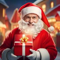 Santa Claus con un' presente regalo scatola con inverno neve villaggio sfondo - generato Immagine foto